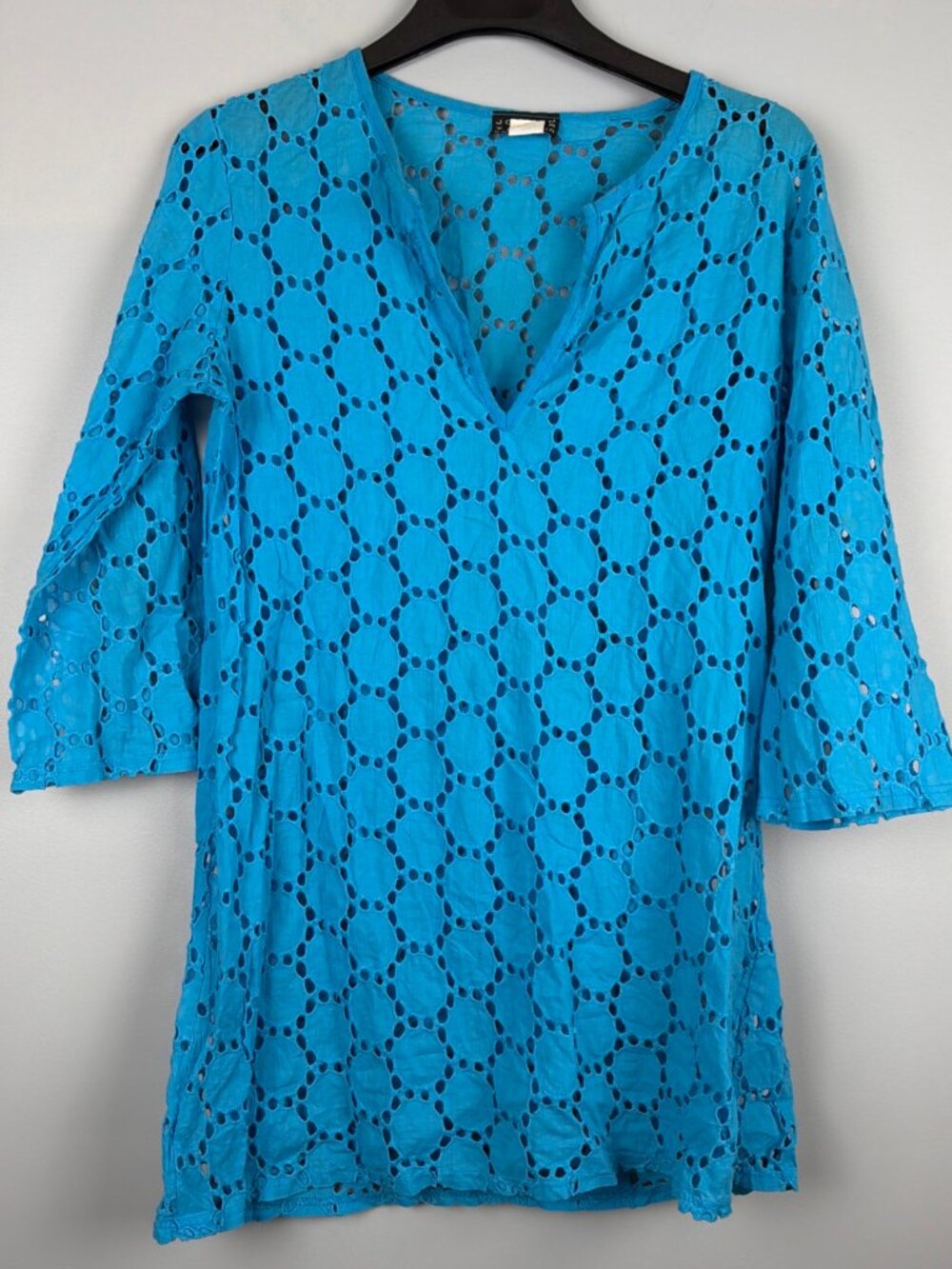 Jordan Taylor Tunic Women M Blue Crochet Bohemian Swim Coverup Resortwear Beach
